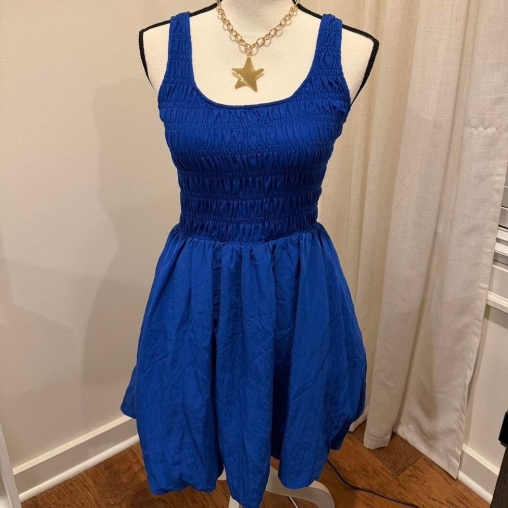 LOFT Women Royal Blue Smocked Bodice Bubble Hem Sleeveless Mini Dress Size M